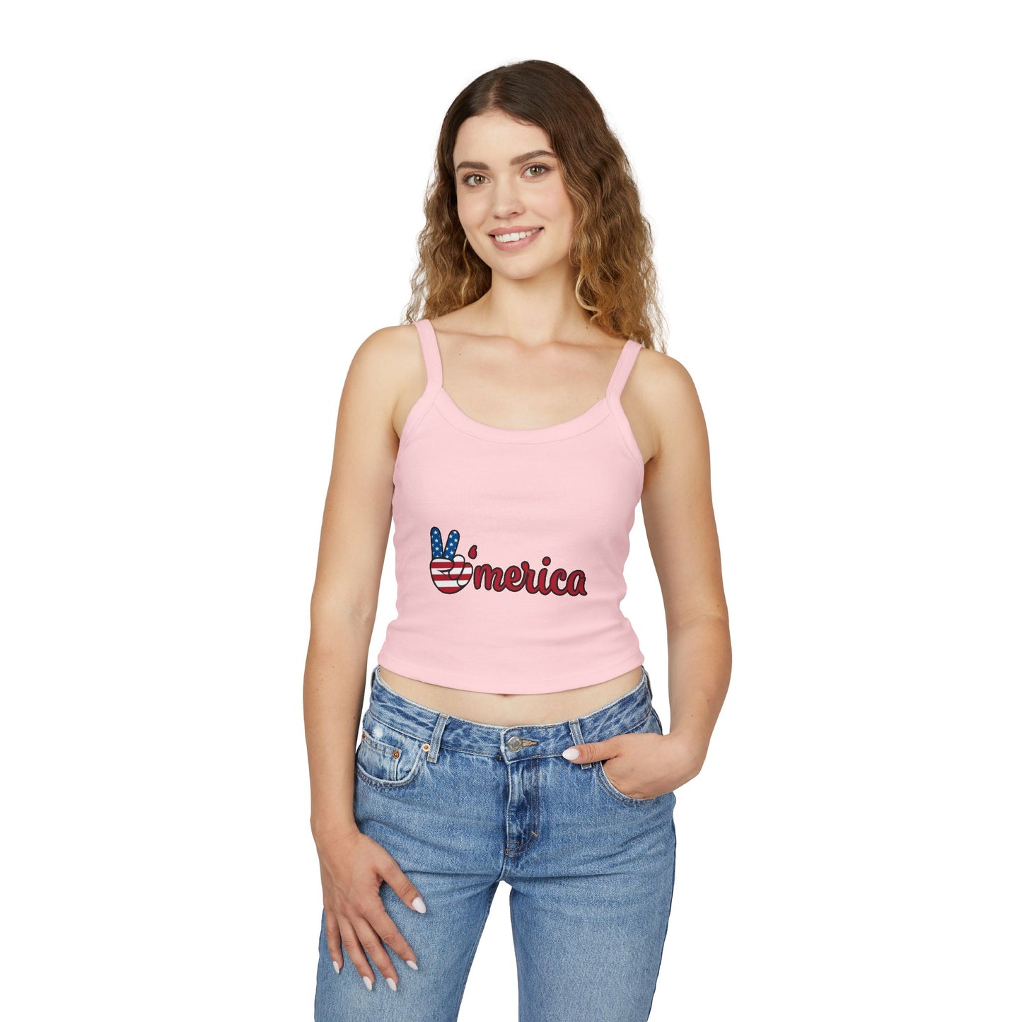 Patriotic Women's Spaghetti Strap Tank Top - 'V'merica Design for Summer Celebrations