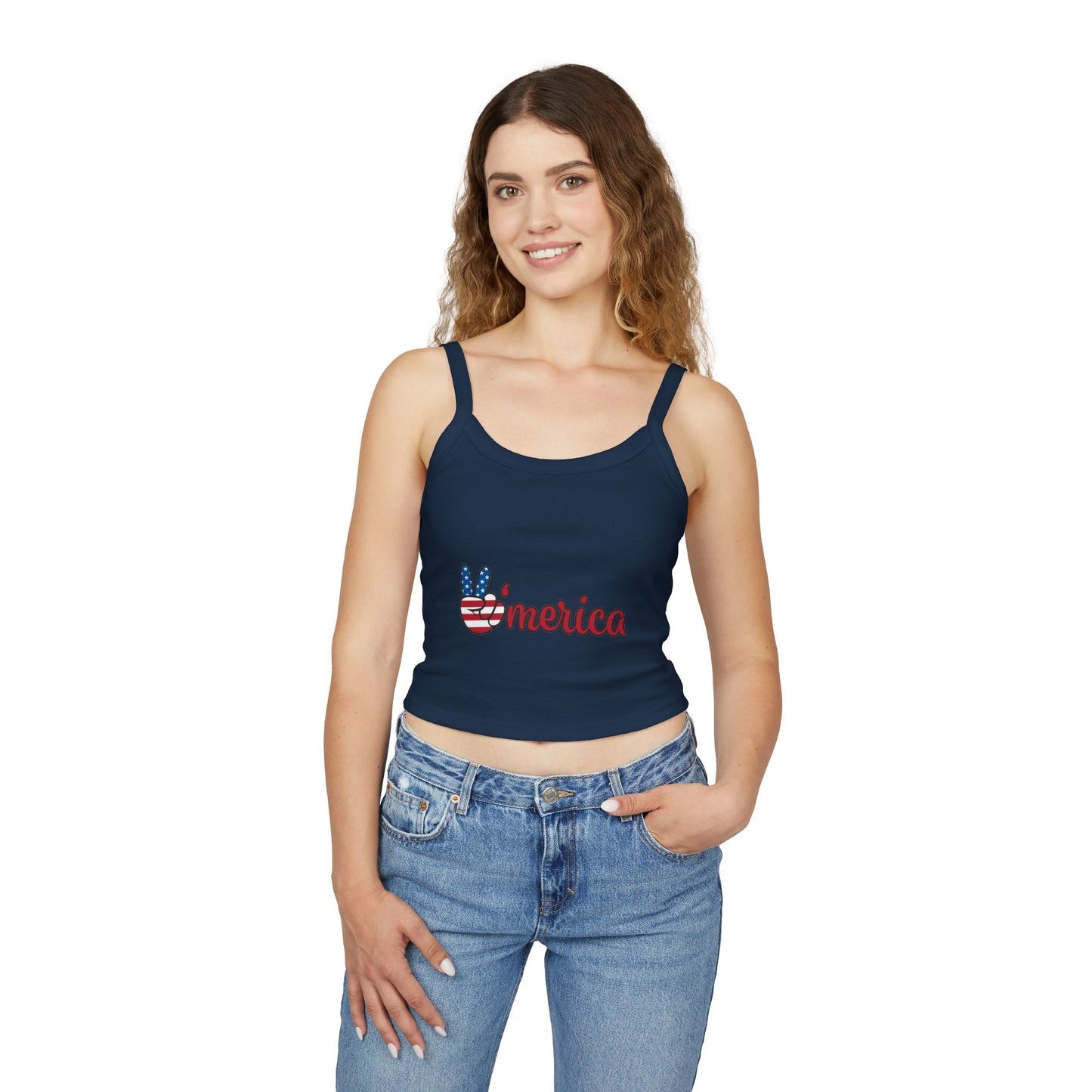 Patriotic Women's Spaghetti Strap Tank Top - 'V'merica Design for Summer Celebrations